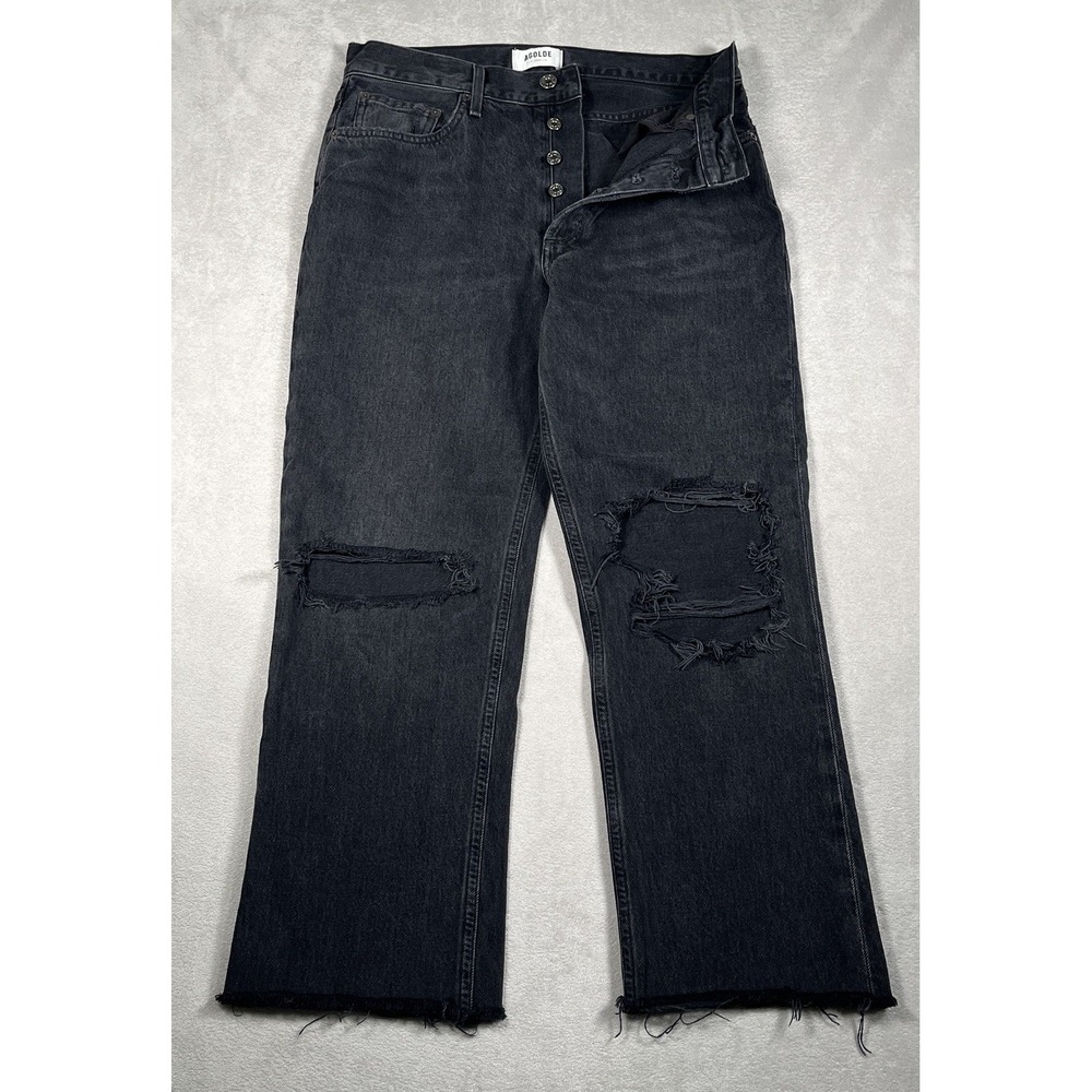 AGOLDE Womens Lana Mid Rise Straight Jeans Distressed Black Cotton 29